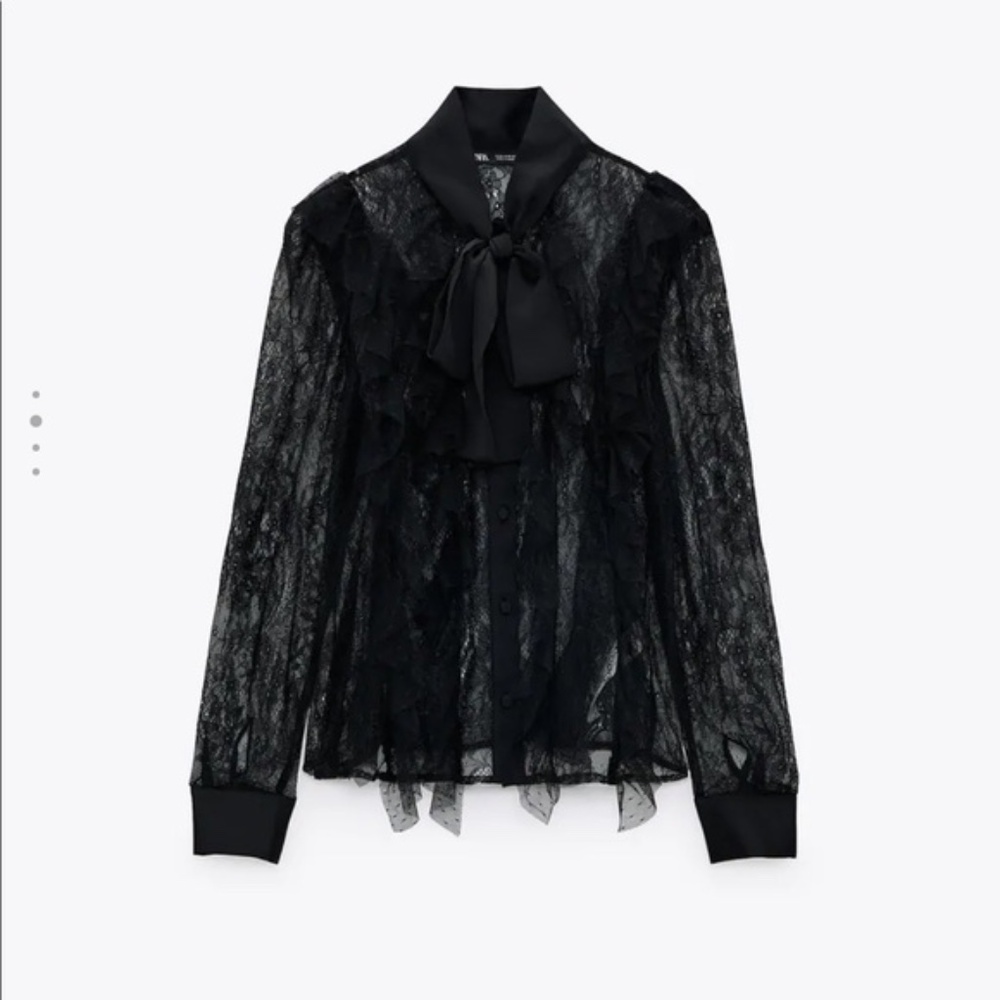 Zara Black Blouse with Lace and Bow Size M